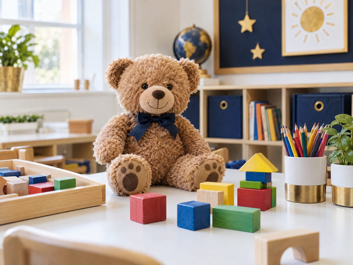 Colourful early years learning blocks and a teddy bear