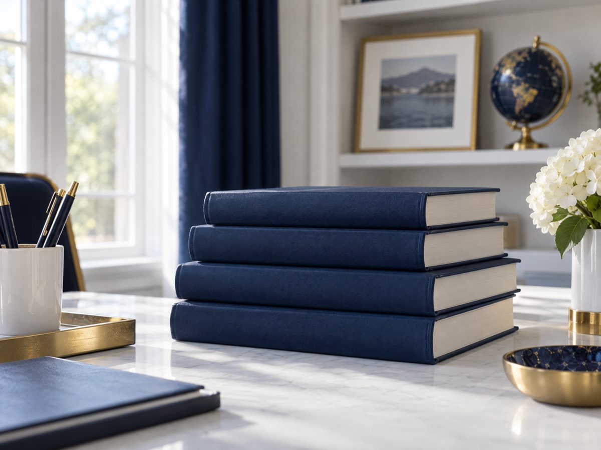 Stack of navy health and social care books