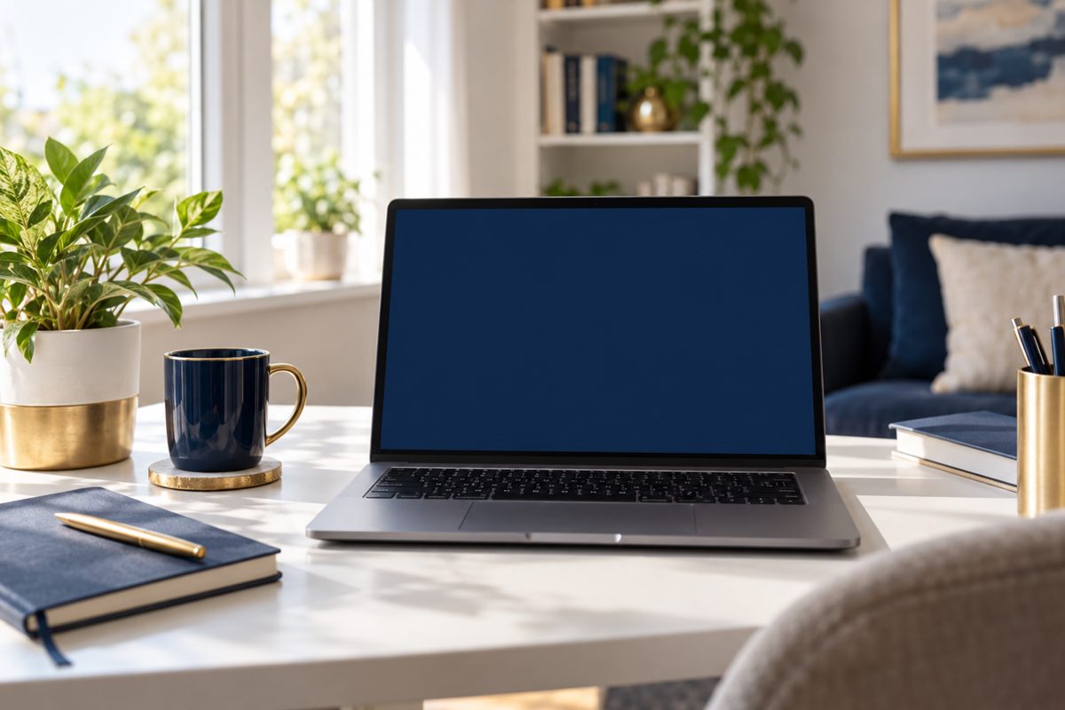 A laptop on a bright desk with a navy notebook and gold pen